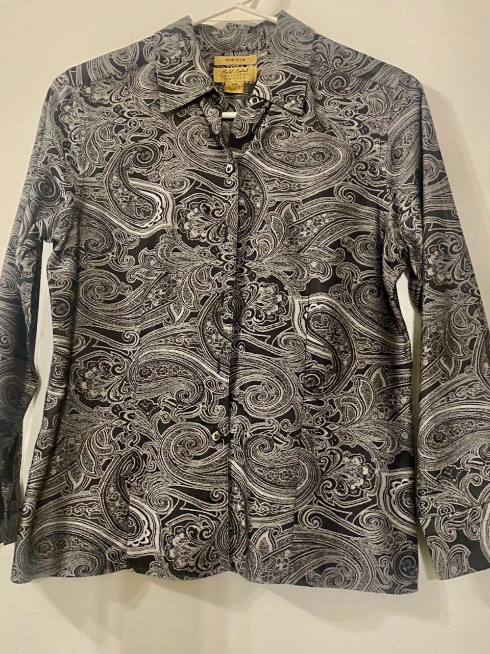 GOLD LABEL INVESTMENTS WOMENS COTTON PAISLEY BUTTONED TOP SZ 4P BLK/GREY L/SLEEV